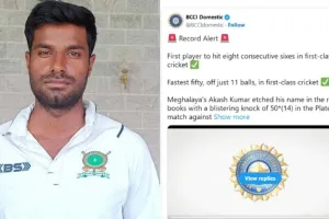 सूरत : 8 गेंदें... 8 छक्के! 11 गेंदों में 50 रन — मेघालय के आकाश चौधरी ने रचा नया इतिहास