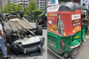 सूरत :  वेसू में तेज रफ्तार कार ने रिक्शा को मारी टक्कर, दोनों वाहन पलटे; चालक फरार, सीसीटीवी में कैद हुई घटना