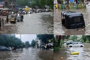 सूरत : शहर में दो घंटे में चार इंच बारिश, घुटने तक पानी में फंसी गाड़ियां