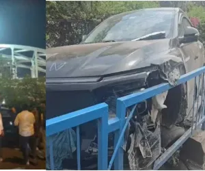 सूरत : तेज रफ्तार लग्जरी ईवी कार बीआरटीएस ट्रैक में घुसी, रेलिंग तोड़कर हुआ बड़ा हादसा