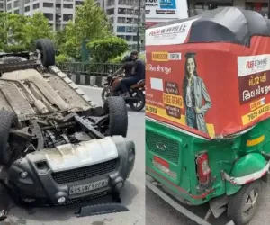 सूरत :  वेसू में तेज रफ्तार कार ने रिक्शा को मारी टक्कर, दोनों वाहन पलटे; चालक फरार, सीसीटीवी में कैद हुई घटना